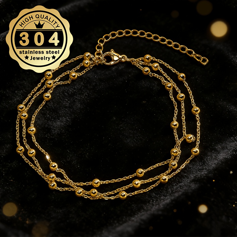 Women's Layered Bead Chain Anklet in Stainless Steel